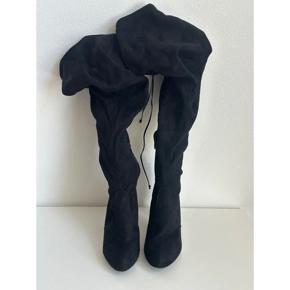 Black Faux Suede Over The Knee Boots Pointed Toe Block Heel Size 10 Drawstring
